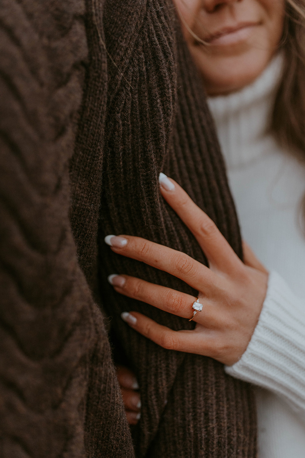 three stone engagement ring, nails for engagement photos, neutral wedding nails, emerald cut engagement ring, dainty engagement ring. Photo taken by Codi Baer Photography