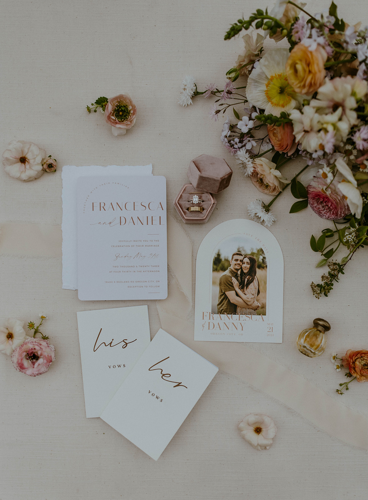 wedding layflat photo with modern wedding invitations and pastel wedding flowers